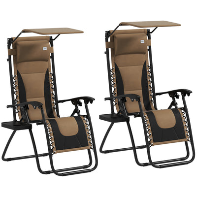Outsunny Zero Gravity Lounger Chair Set of 2, Folding Reclining Patio Chair with Shade Cover, Cup Holder, Soft Cushion and Headrest for Poolside, Camping, Coffee 