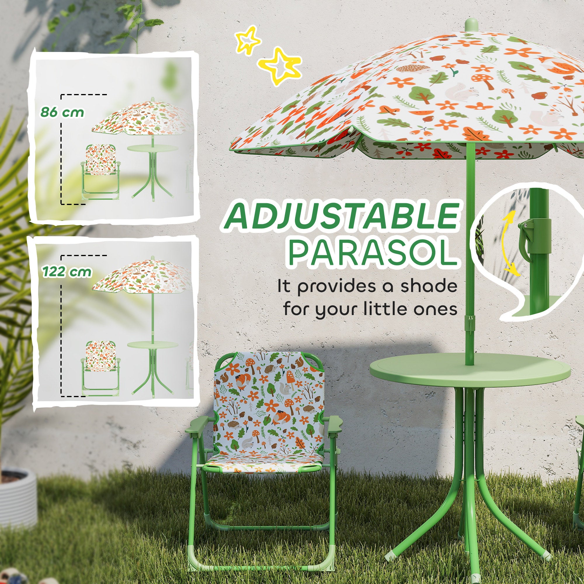 AIYAPLAY 4 Pieces Kids Garden Table and Chair Set with Adjustable Parasol, Folding Chairs, Table, Fox Pattern, Green