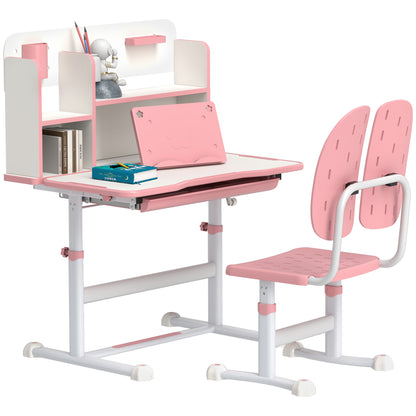 AIYAPLAY Height Adjustable Kids Desk and Chair Set, Children School Study Desk with Tiltable Desktop, Reading Rack,  Pink 