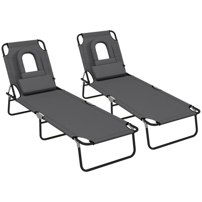 Outsunny Outdoor Foldable Sun Lounger Set of 2, 4 Level Adjustable Backrest Reclining Sun Lounger Chair with Pillow and Reading Hole, Dark Grey 