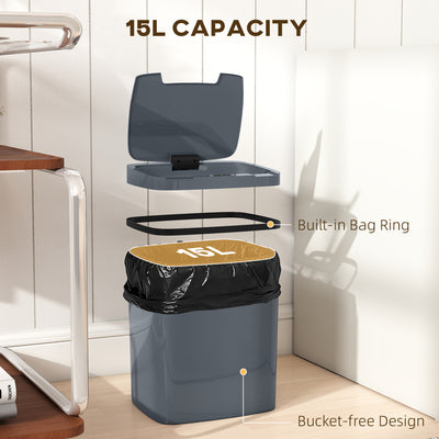 HOMCOM 15L Sensor Bin, Automatic Touchless Kitchen Bin, Easy Clean, Battery Operated for Home Office, Bedroom, Bathroom, Grey 
