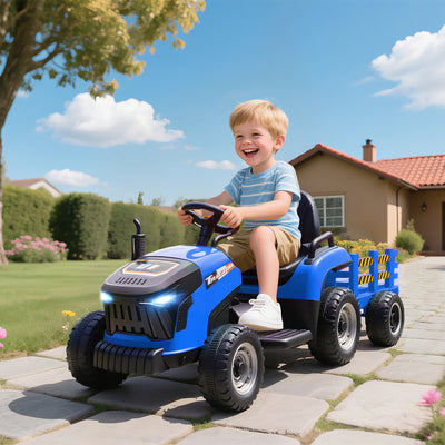 AIYAPLAY 12V Ride on Tractor and Trailer with Remote Control, Music, Shifter, Start-Up Sound, for Kids Ages 3-8 Years, Blue 