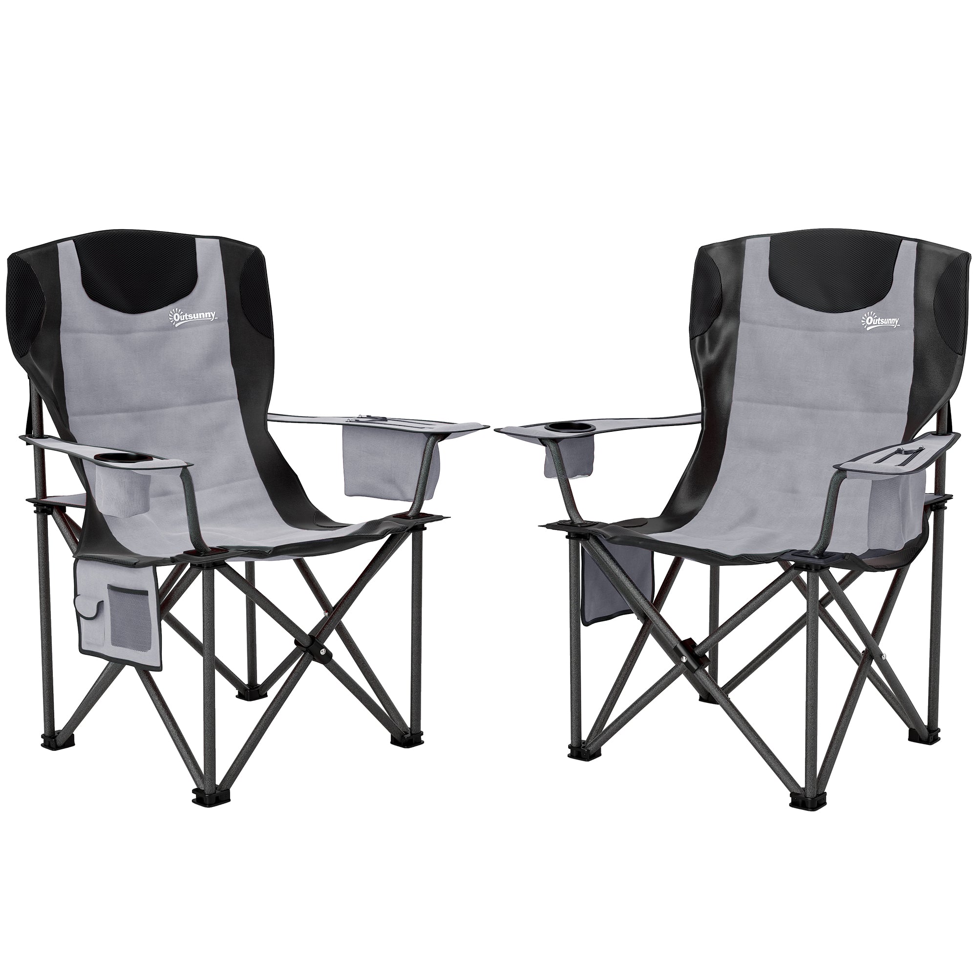 Outsunny Set of 2 Folding Camping Chairs, Padded Camping Chairs with Adjustable Armrests, Portable & Lightweight Folding Camp Chair with Cooler Bag, Cup Holder and Side Pockets, Grey 