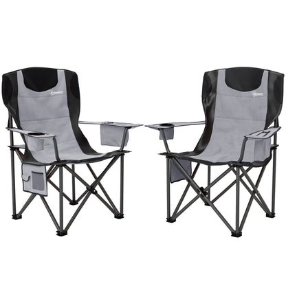 Outsunny Set of 2 Folding Camping Chairs, Padded Camping Chairs with Adjustable Armrests, Portable & Lightweight Folding Camp Chair with Cooler Bag, Cup Holder and Side Pockets, Grey 