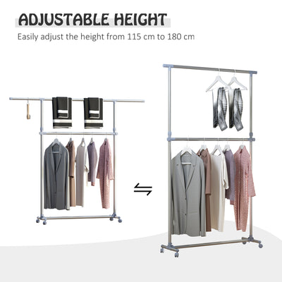 HOMCOM Heavy Duty Clothes Hanger Garment Rail Hanging Display Stand Rack w/ Wheels Adjustable 