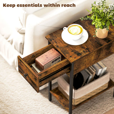 HOMCOM Narrow Side Table with Drawer and Storage Shelf - Rustic Brown 