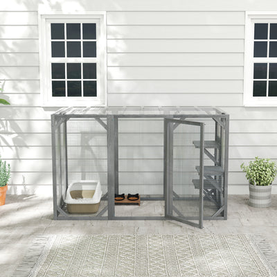 PawHut 71" Outdoor Wooden Cat House with 3 Platforms, Large Door and Weatherproof Roof, for Multiple Cats, Grey 