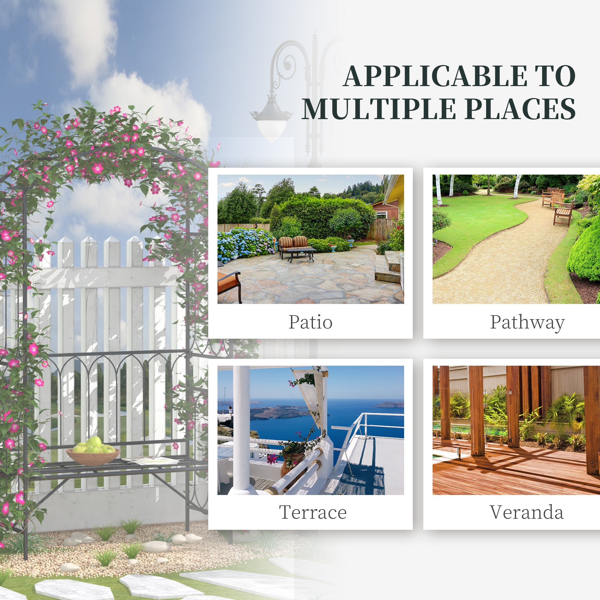 Outsunny Garden Metal Frame Bench W/Arch for Various Climbing Plant, 115Lx50Wx203H cm-Black 