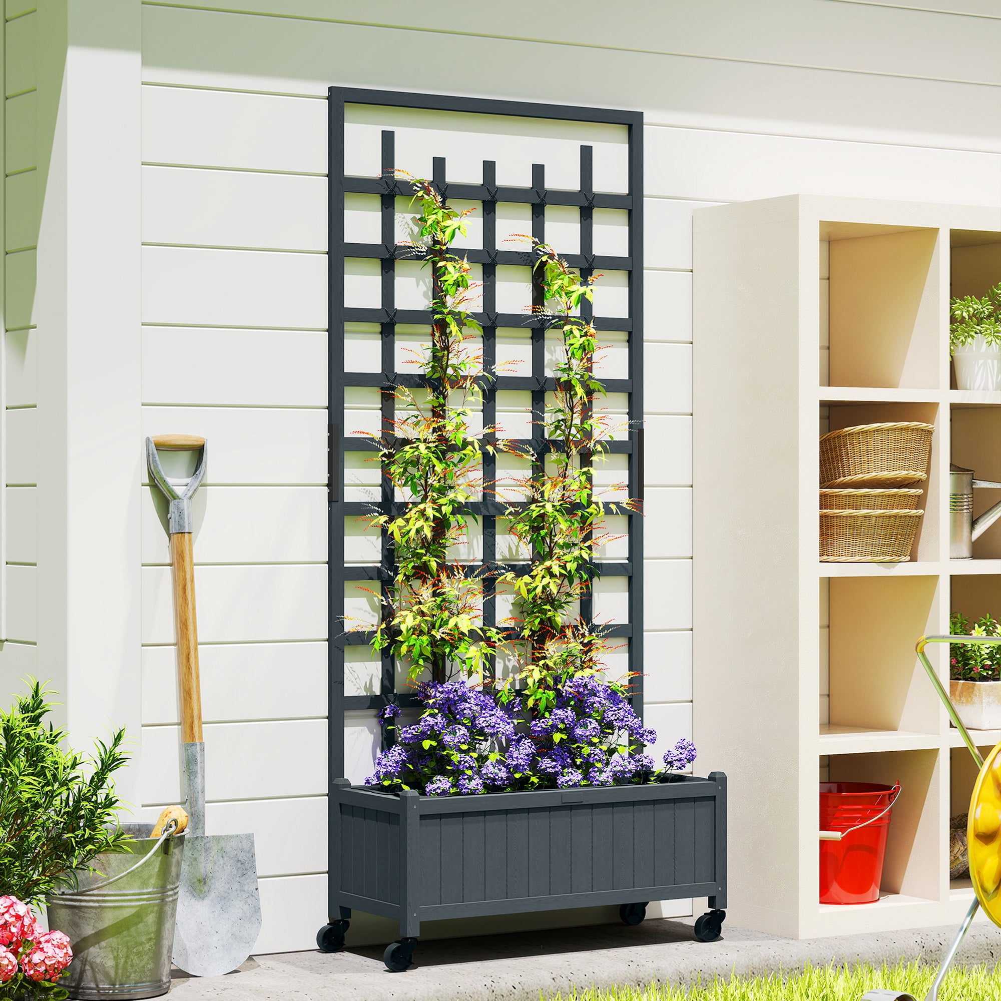 Outsunny Wooden Trellis Planter, Raised Garden Bed with Wheels, to Climb and Grow Vegetables, Herbs and Flowers, Grey 