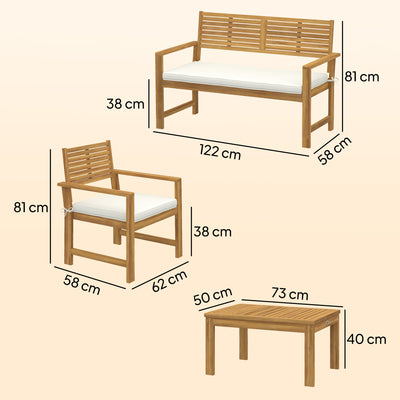 Outsunny 4 Seater Wooden Garden Furniture Set with Loveseat, Armchairs, Table, Acacia Wood Garden Sofa Set, Cream White 