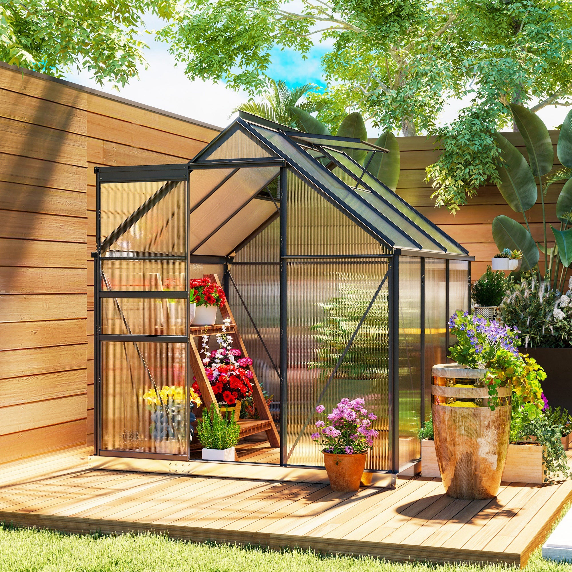 Outsunny 190 x 190cm Walk-In Polycarbonate Greenhouse - Grey 