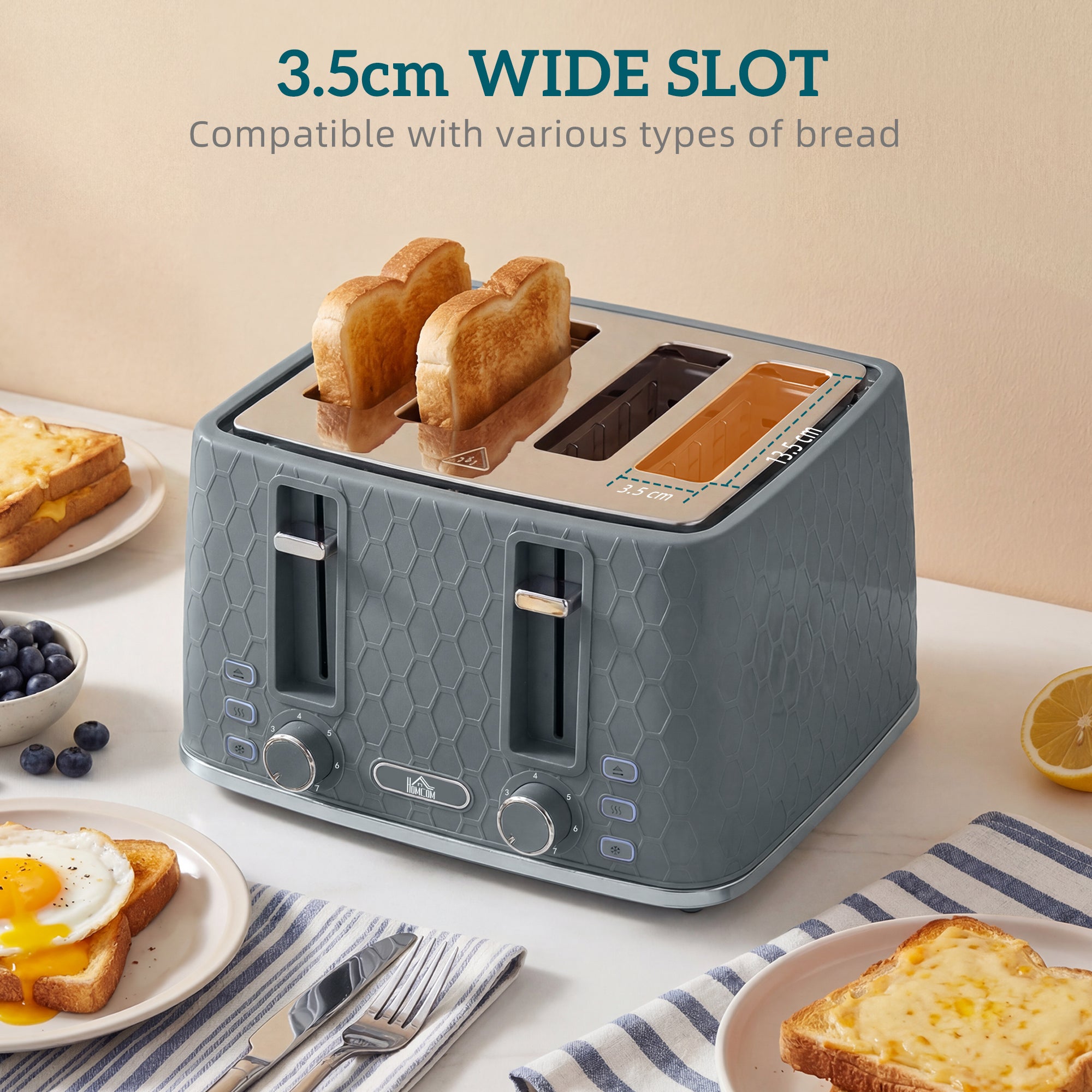 HOMCOM Kettle and Toaster Set, 1.7L 3000W Rapid Kettle with Strix Thermostat, 4 Slice Toaster with 7 Browning Controls, Grey 