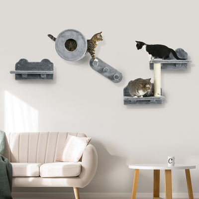 PawHut 4PCs Wall-Mounted Cat Tree, with Steps, Perch, Cat House - Grey 