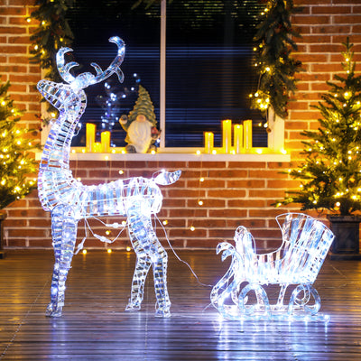 Outsunny Lighted Christmas Reindeer with Sleigh, Outdoor Yard Reindeer with 170 Warm White LED Lights, Holiday Decor with Stakes, Waterproof, Silver 