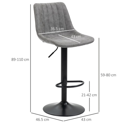 HOMCOM Bar Stools Set of 2, Swivel Counter Height Barstools with Back, Adjustable Bar Chairs, Breakfast Dining Stools for Kitchen Island Counter with Adjustable Steel Footrest & Base, Grey 