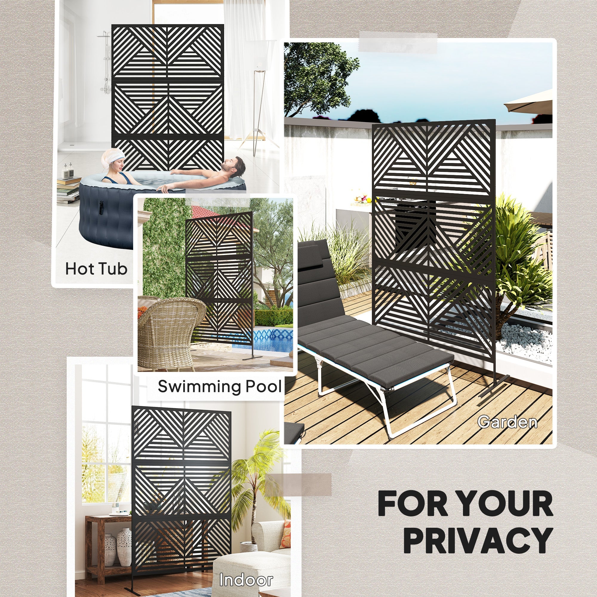 Outsunny Decorative Garden Privacy Screen with Stand, 6.5FT Freestanding Metal Outdoor Divider, Decorative Privacy Panel with Expansion Screws for Garden Pool Hot Tub, Rhombus Style, Black 