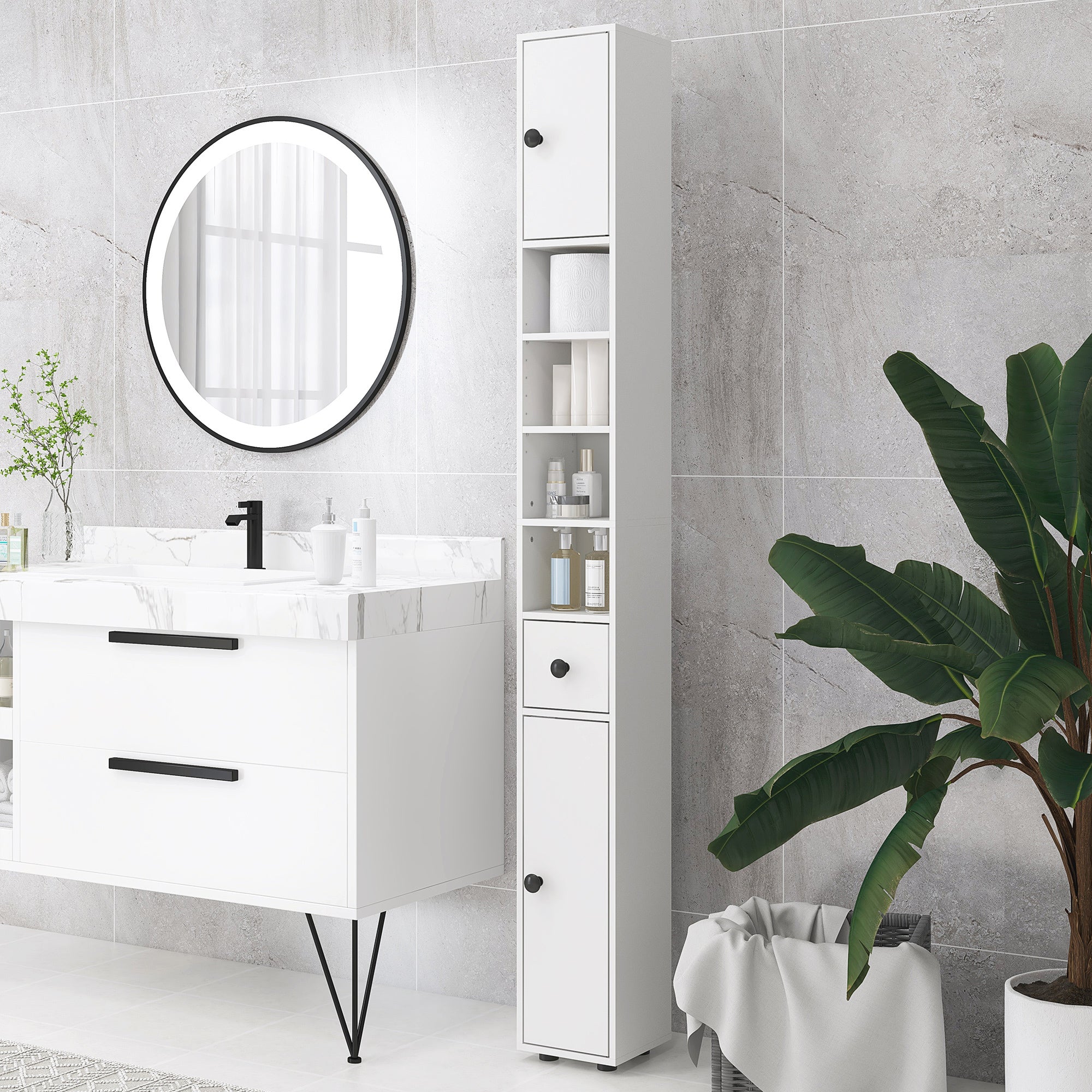 kleankin 180cm Tall Bathroom Cabinet, Slim Bathroom Storage Cabinet with 4 Open Shelves, 2 Door Cupboards and Adjustable Shelves, White 