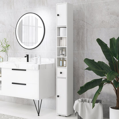 kleankin 180cm Tall Bathroom Cabinet, Slim Bathroom Storage Cabinet with 4 Open Shelves, 2 Door Cupboards and Adjustable Shelves, White 