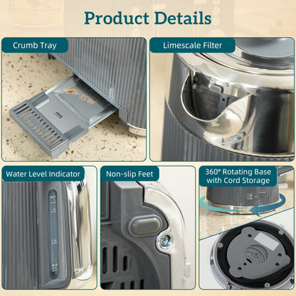 HOMCOM Electric Stainless Steel Kettle and Toaster Set, 3000W 1.7L UK Strix Thermostat Fast Boil Kettle w/ Limescale Filter, Cool Touch Body, 4 Slice Toaster with 7 Browning Levels, Crumb Tray, Grey