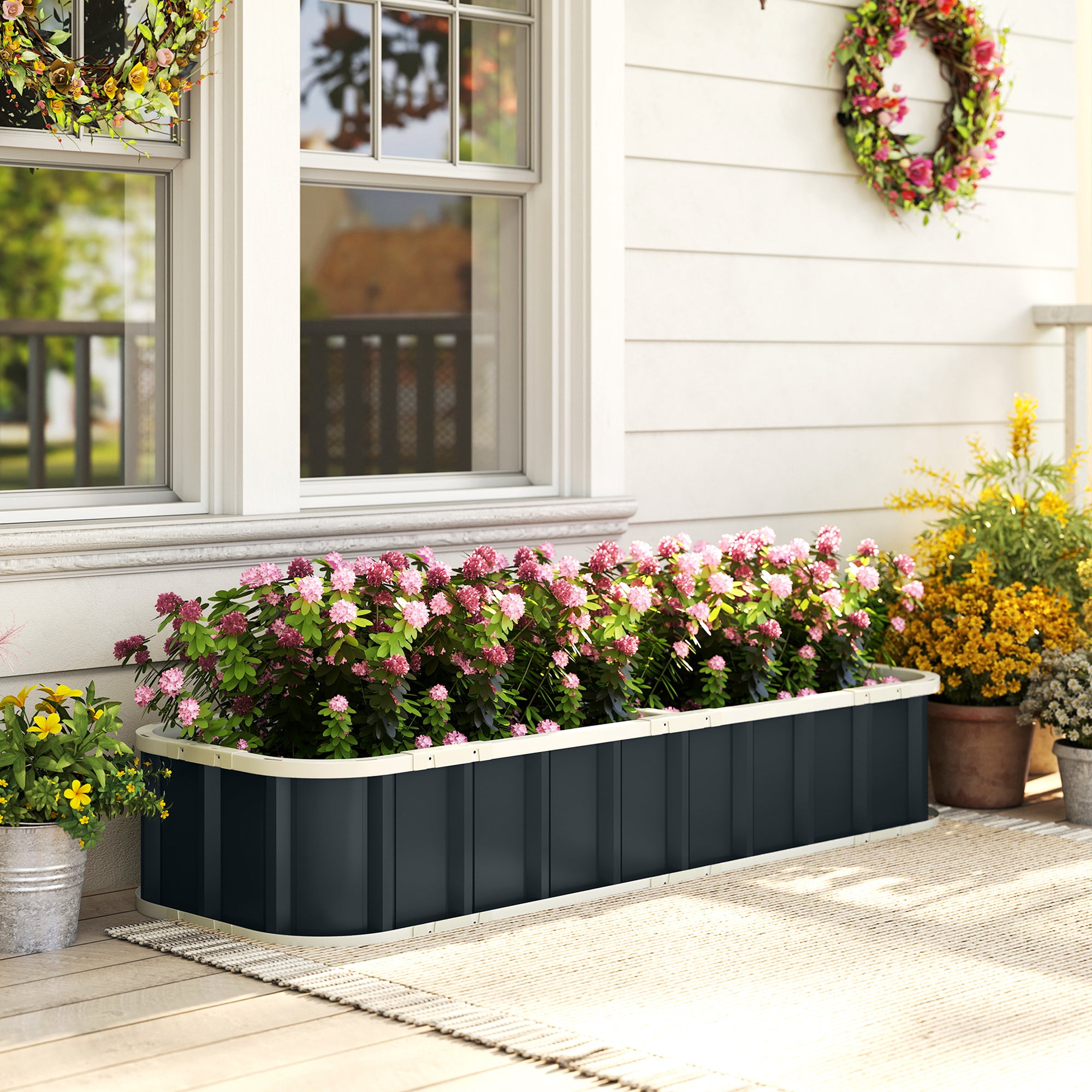 Outsunny Galvanised Raised Garden Bed, 5 x 2 x 1 ft Metal Planter with Gloves and Folded Edging, Dark Grey 