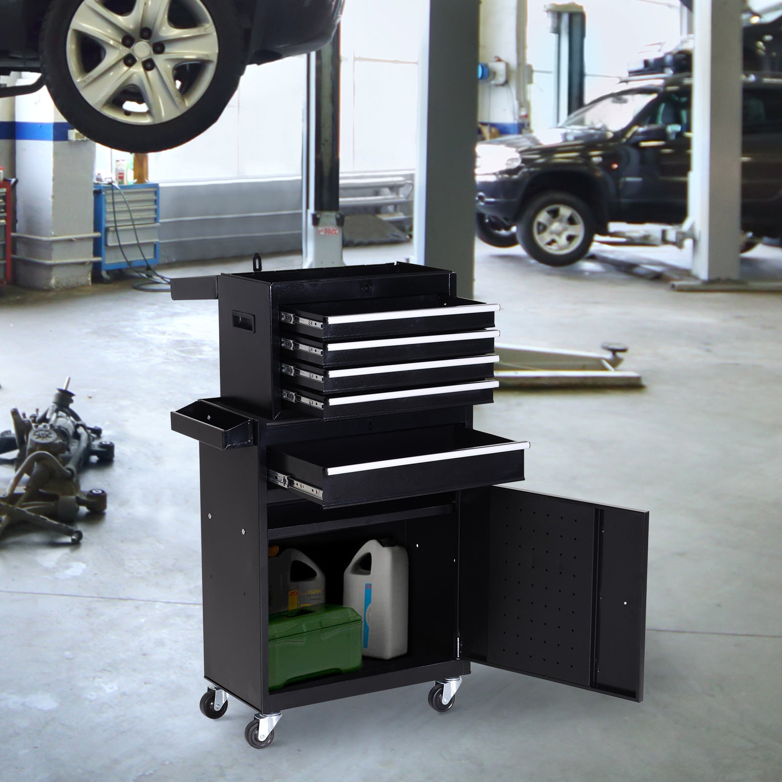 DURHAND Tool Chest 2 in 1 Metal Tool Cabinet Storage Box with 5 Drawers Pegboard Wheels 60x28x104.5cm Black 