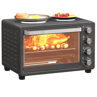 HOMCOM 28L Mini Oven with 2 Hot Plates, Countertop Toaster Oven, Grill, Roast, Bake, Boil, with Timer, Adjustable Temperature, Electric Oven with Baking Tray, Grill Rack, Crumb Tray, 2600W, Black 