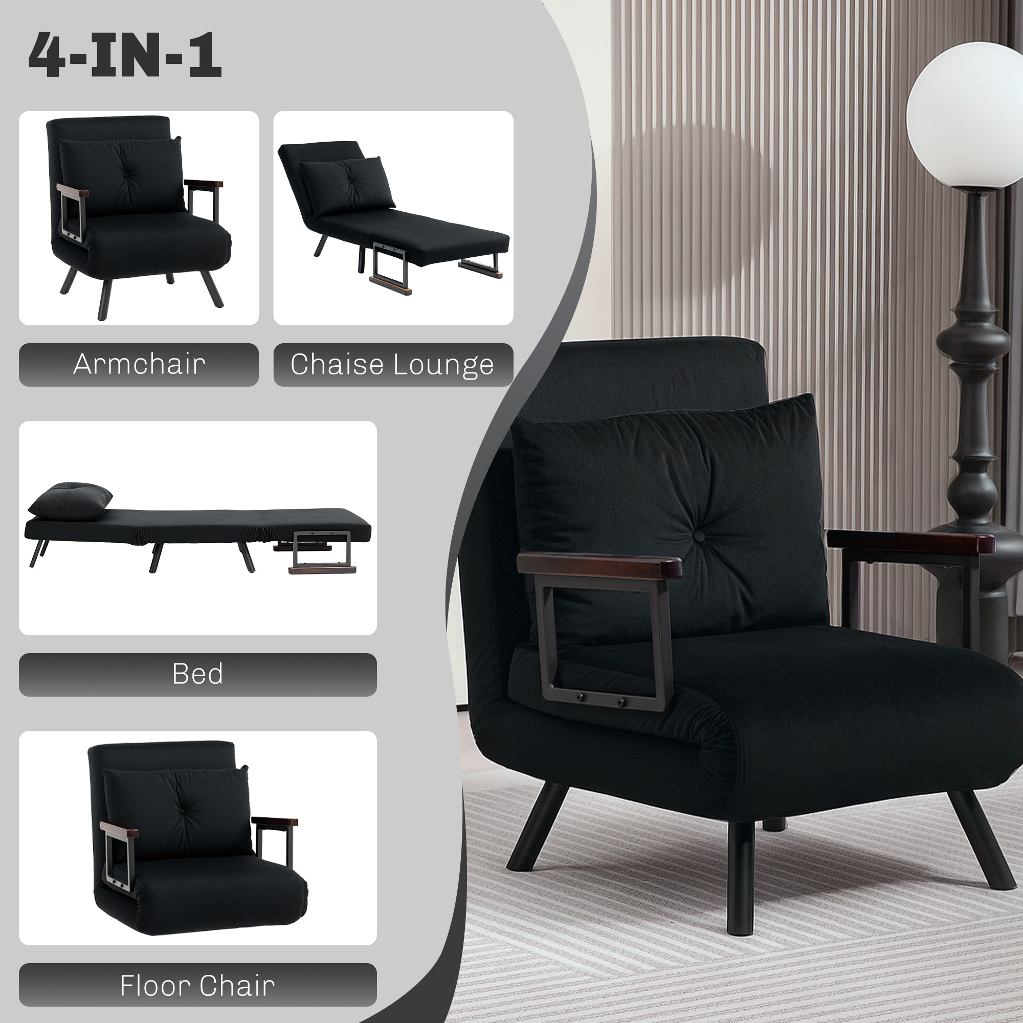 HOMCOM 4-in-1 Velvet-Feel Single Chair Bed, with Pillow - Black 