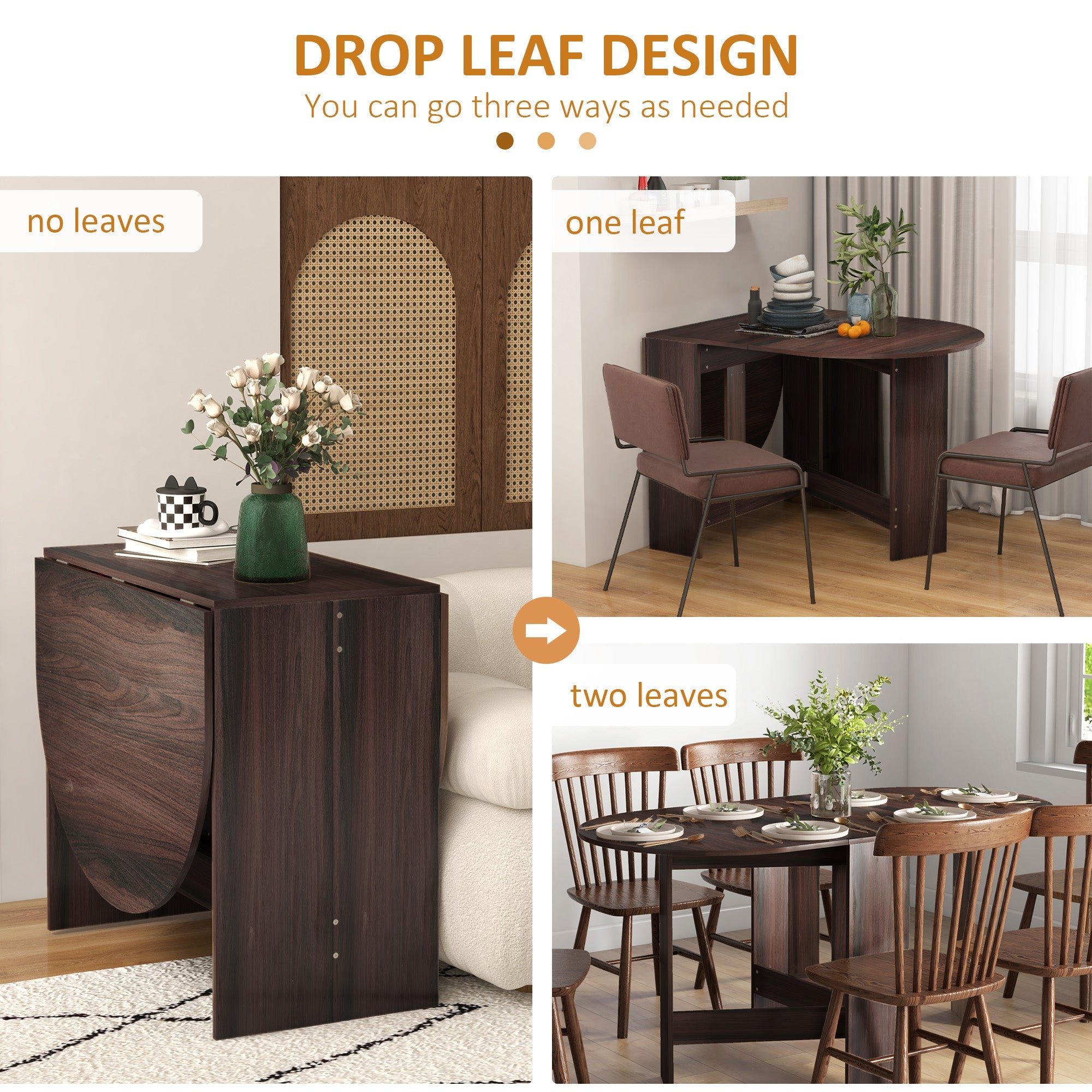 HOMCOM Folding Dining Table, Drop Leaf Table for Small Spaces, Oval Tabletop for Dining Room, Chocolate Wood Effect 