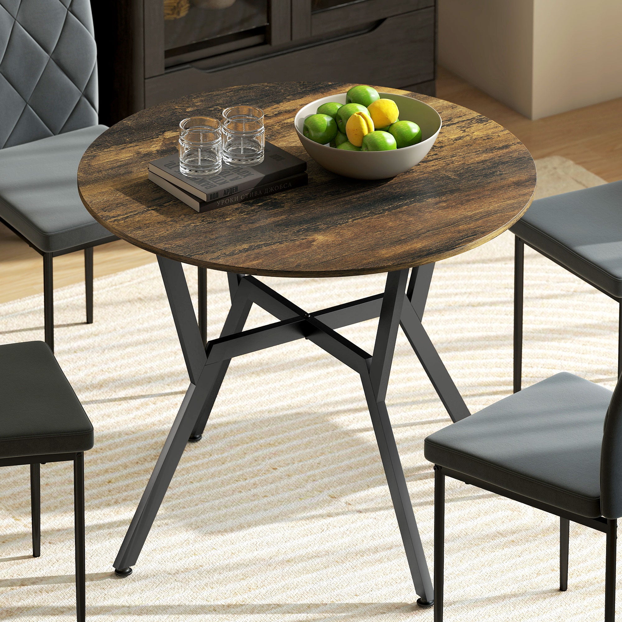 HOMCOM Dining Table, Round Kitchen Table with Black Legs, Anti-slip Foot Pads for Living Room, Dining Room 90 x 76 cm, Rustic Brown 
