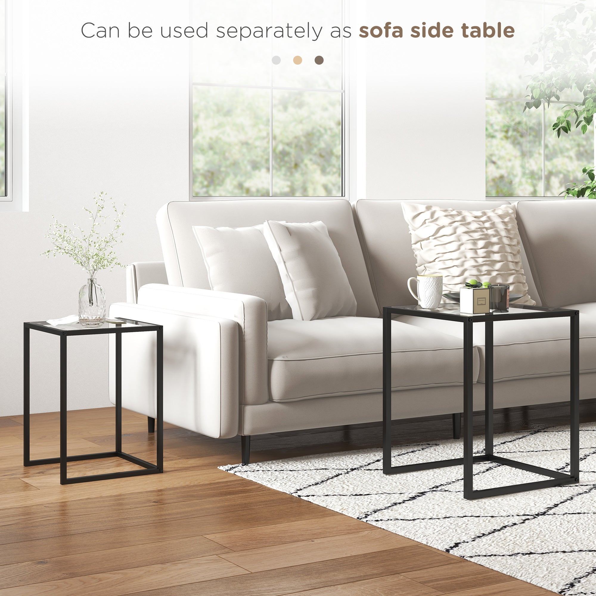 HOMCOM Nesting Tables Set of 2, Side End Table with Tempered Glass Top and Steel Frame for Living Room, Bedroom, Black 