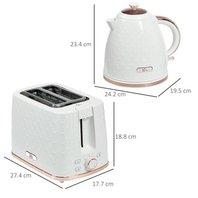 HOMCOM 1.7L 3000W Fast Boil Kettle & 2 Slice Toaster Set, Kettle and Toaster Set with Auto Shut Off, Browning Controls, White 