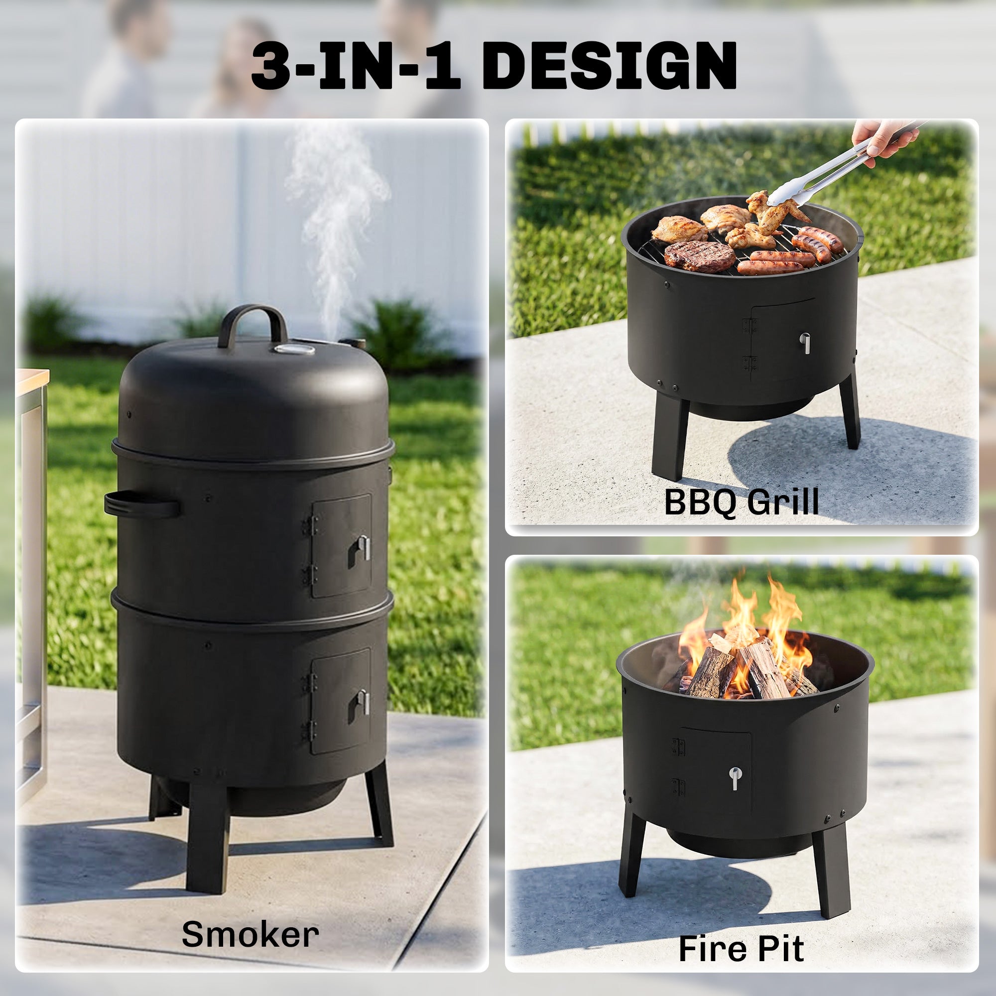 Outsunny 3-in-1 Vertical Charcoal Smoker with 2 Grill Grates, Built-in Thermometer, Adjustable Vent, 2 Doors 