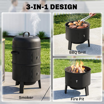 Outsunny 3-in-1 Vertical Charcoal Smoker with 2 Grill Grates, Built-in Thermometer, Adjustable Vent, 2 Doors 