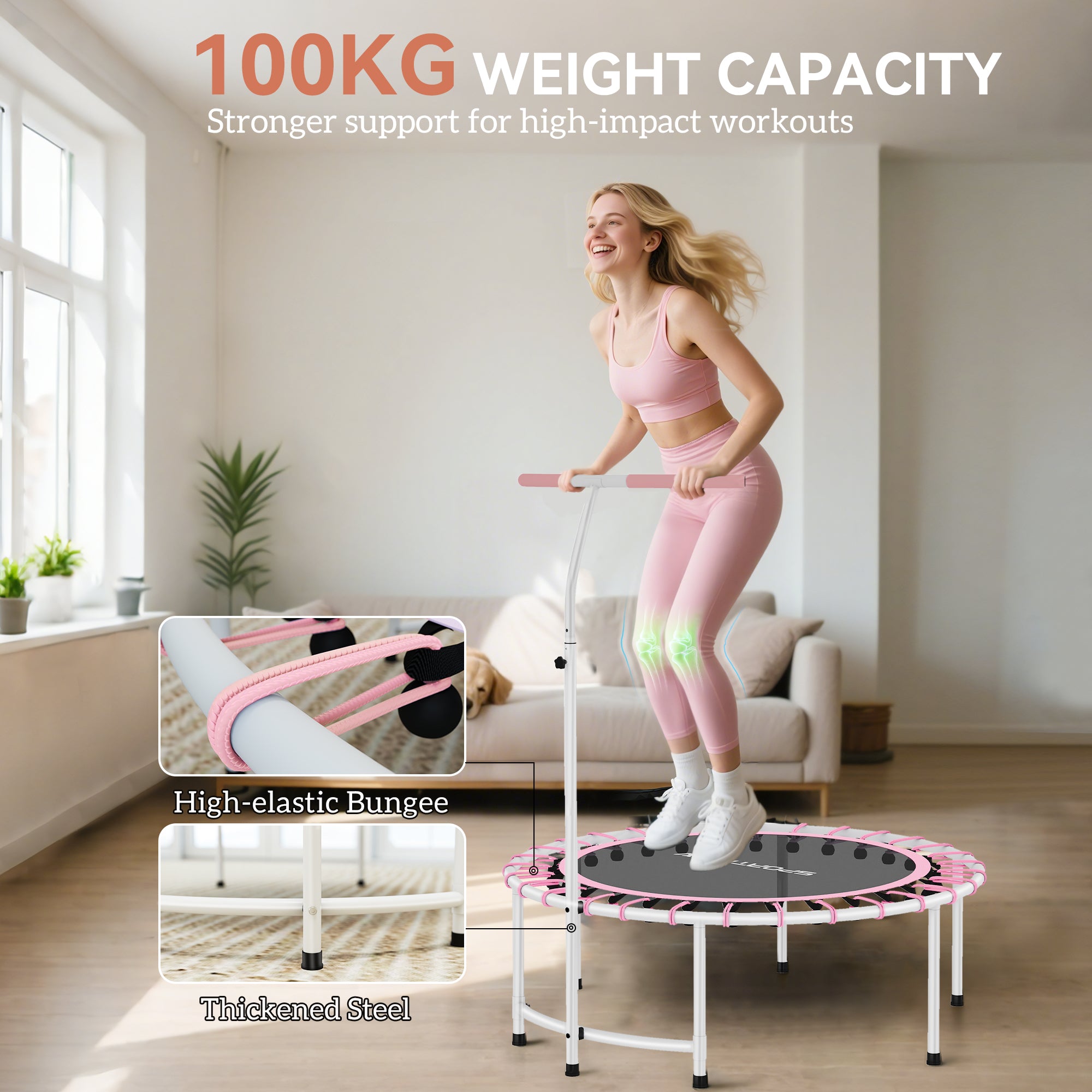 SPORTNOW 40" Fitness Trampoline, Mini Rebounder Trampoline for Adults with 5-Level Adjustable Handle, Indoor Exercise Bungee Rebounder, Max Load 100KG, Pink