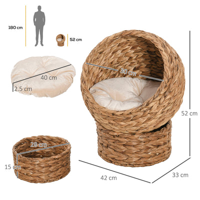 PawHut Wicker Cat Bed, Raised Rattan Cat Basket with Cylindrical Base, Soft Washable Cushion, 42 x 33 x 52cm - Brown 
