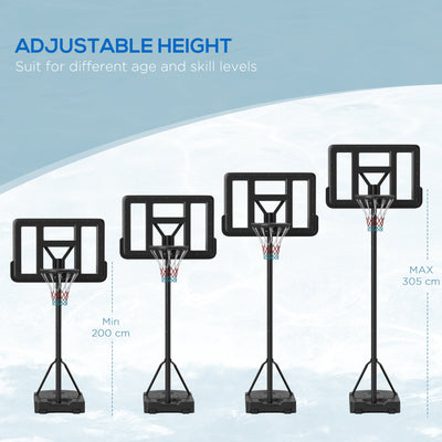 SPORTNOW Height Adjustable Basketball Stand Net Set System, Freestanding Basketball Hoop and Stand w/ Wheels, 200-305cm - Black 