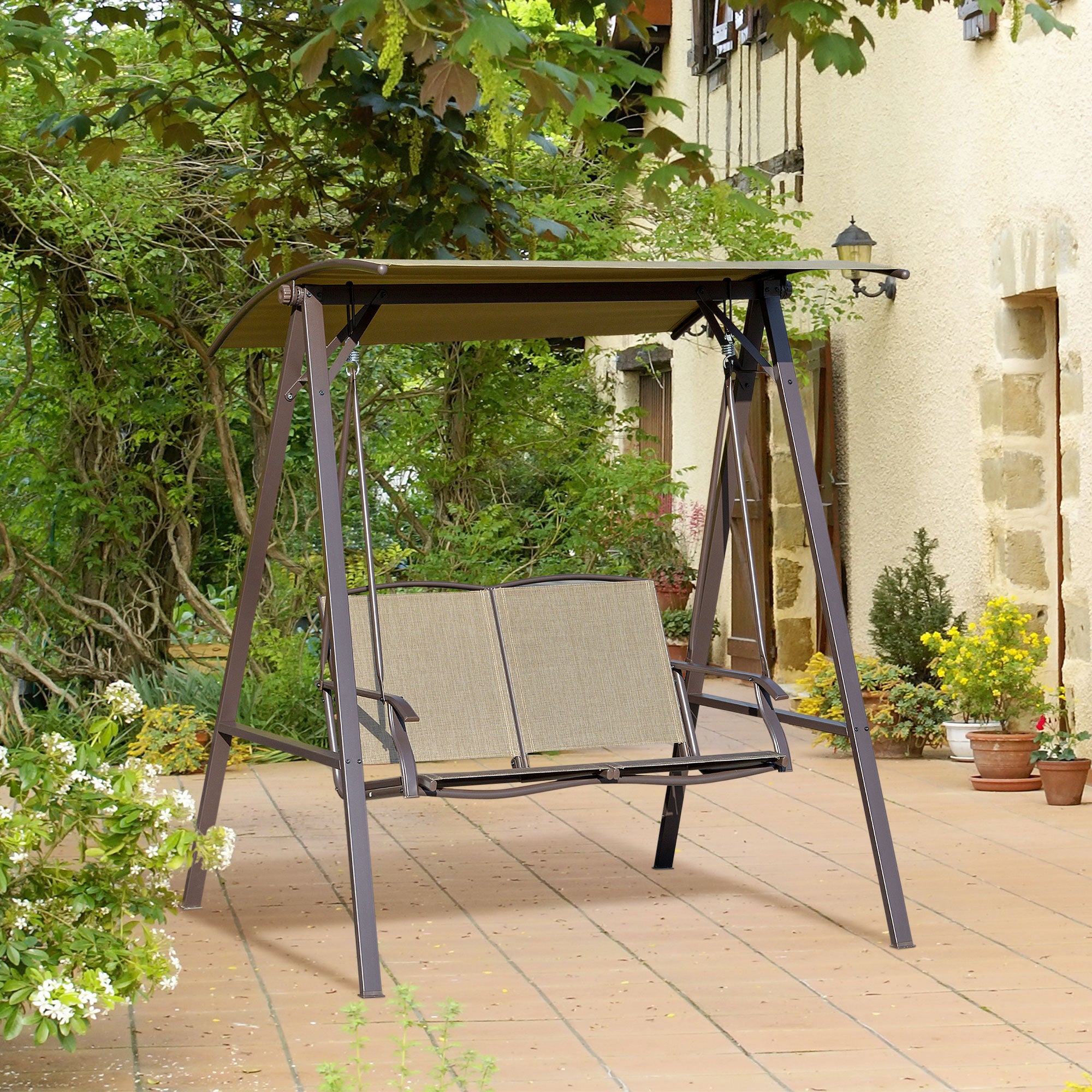 Outsunny 2 Seater Garden Swing Seat Swing Chair, Outdoor Canopy Swing Bench with Adjustable Shade, Metal Frame and Texteline Seat, Brown 