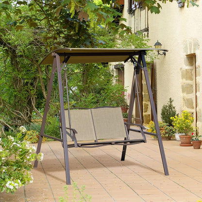 Outsunny 2 Seater Garden Swing Seat Swing Chair, Outdoor Canopy Swing Bench with Adjustable Shade, Metal Frame and Texteline Seat, Brown 