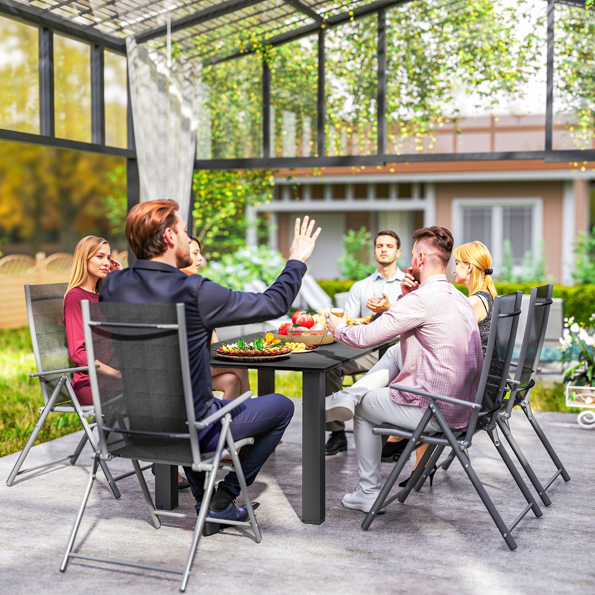 Outsunny Garden Table with Parasol Hole for 6 Person, Rectangle Outdoor Dining Table with Slatted Metal Tabletop, Steel Frame for Patio, Balcony, 150 x 90 x 73 cm, Black 