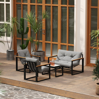 Outsunny Garden Furniture Set, 4 Piece Indoor Outdoor Conservatory with Loveseat Sofa, Armchairs, Glass Top Coffee Table, Cushions for Balcony, Poolside, Patio, Light Grey 