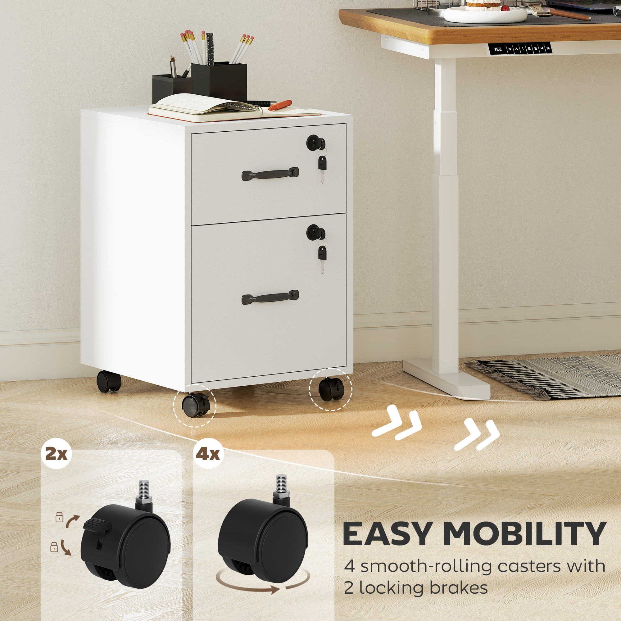 HOMCOM Rolling File Cabinet with 2 Drawers, Mobile Filing Cabinet with Hanging File Folder for Letter Sized Documents, White 