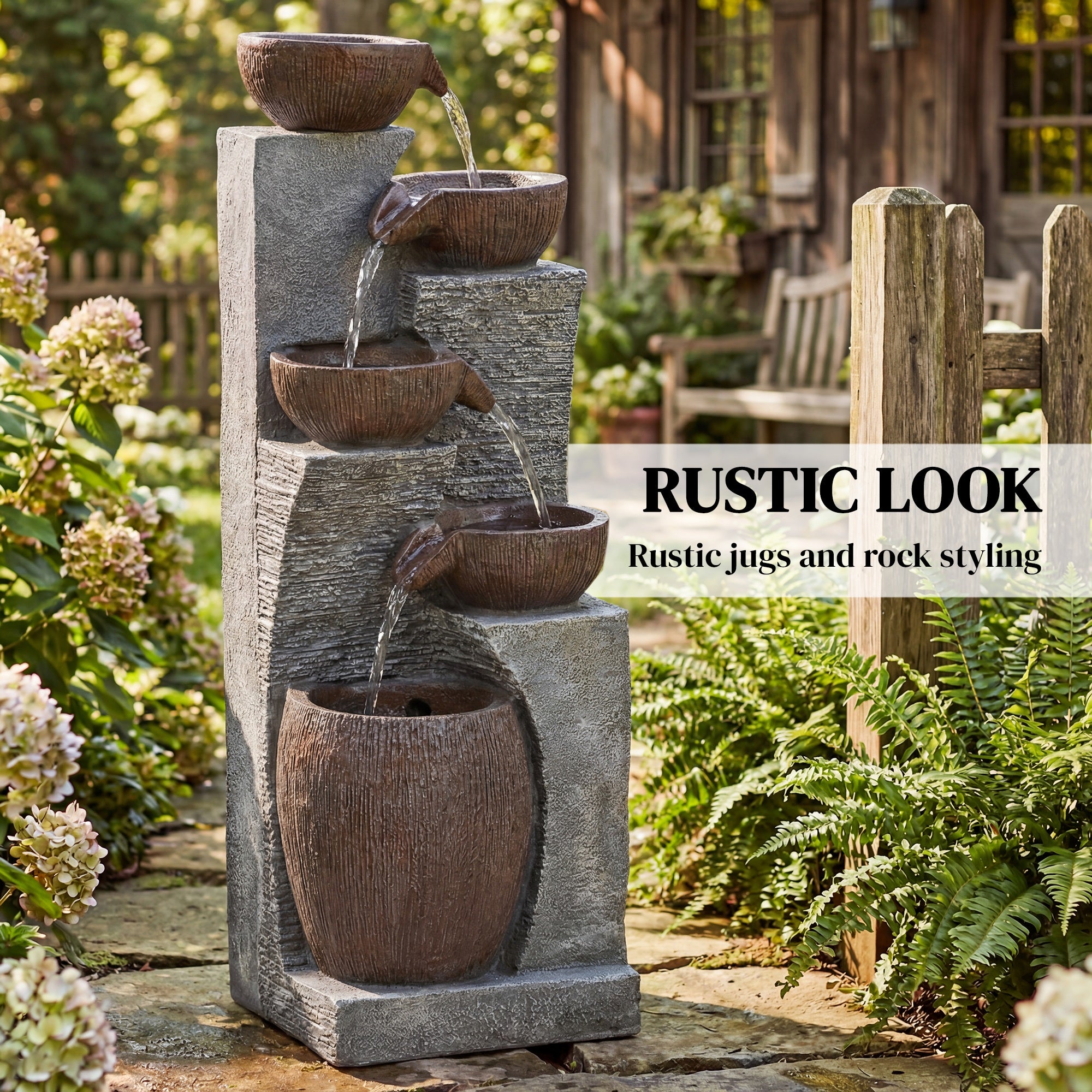 Outsunny Outdoor Fountain with 5-Tier, Garden Fountain with LED Lights, Adjustable Flow, Grey and Rustic Brown 