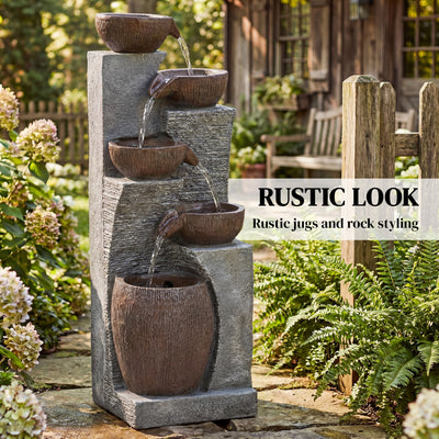 Outsunny Outdoor Fountain with 5-Tier, Garden Fountain with LED Lights, Adjustable Flow, Grey and Rustic Brown 