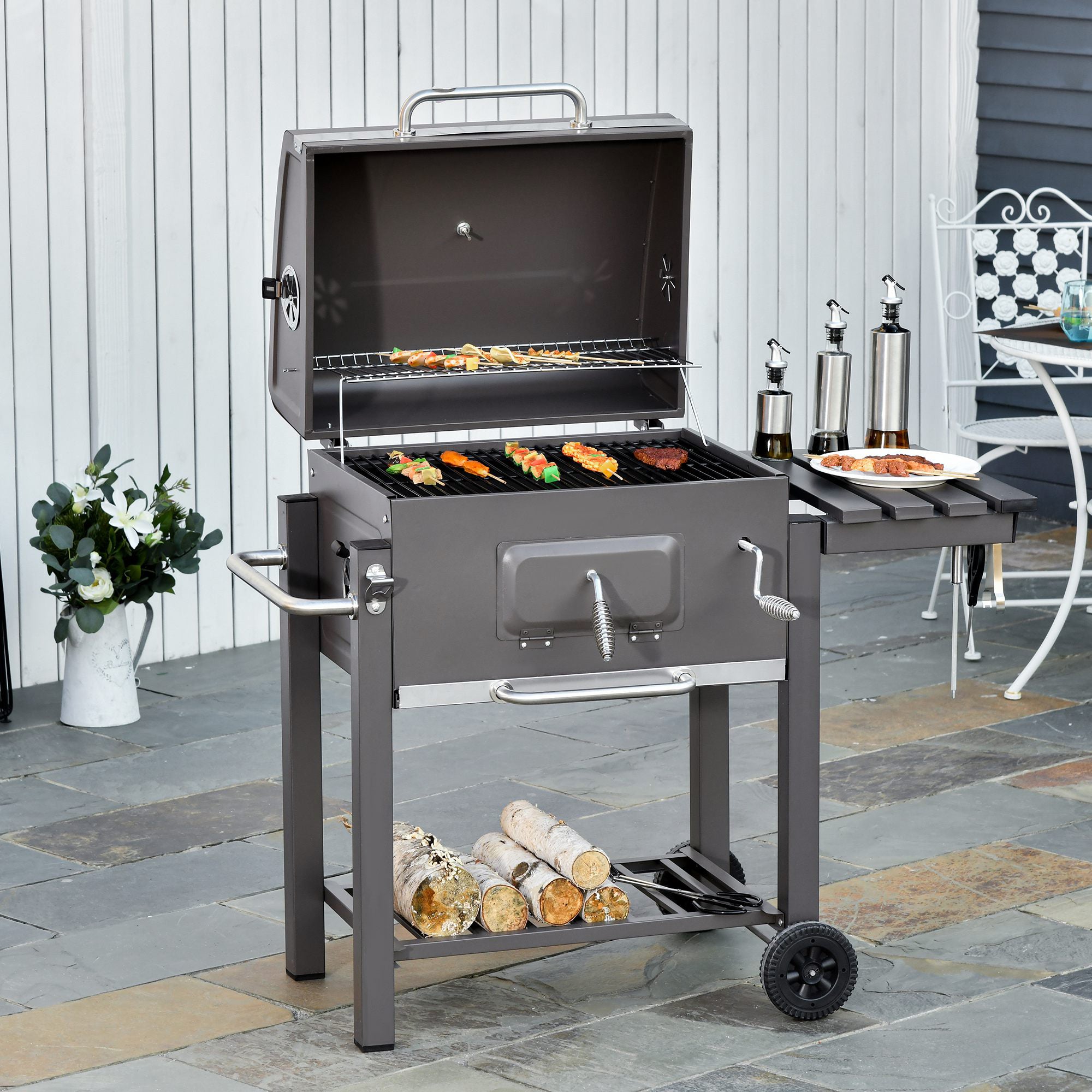 Outsunny Charcoal Grill BBQ Trolley with Adjustable Charcoal Grate, Garden Metal Smoker Barbecue with Shelf, Side Table, Wheels, Built-in Thermometer, Bottle Opener 