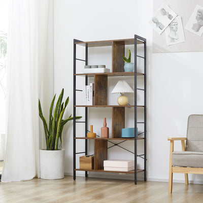 HOMCOM Industrial Storage Unit, 5 Tiers Bookcase with Open Compartments for Office Living Room, Bedroom, Rustic Brown and Black 
