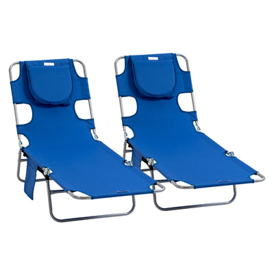 Outsunny 2 Pieces Foldable Sun Lounger with Reading Hole, Portable Sun Lounger with 5 Level Adjustable Backrest, Reclining Lounge Chair with Side Pocket, Headrest Pillow, Blue 