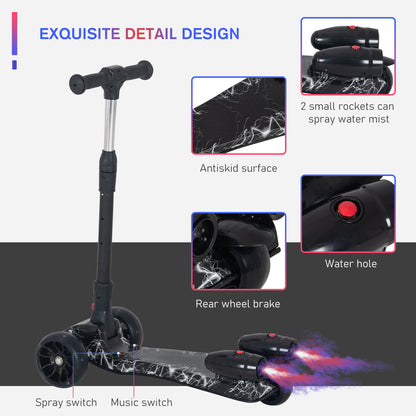 HOMCOM Kids 3 Wheel Plastic Scooter Adjustable Height w/ Engine-Look Water Spray Black 