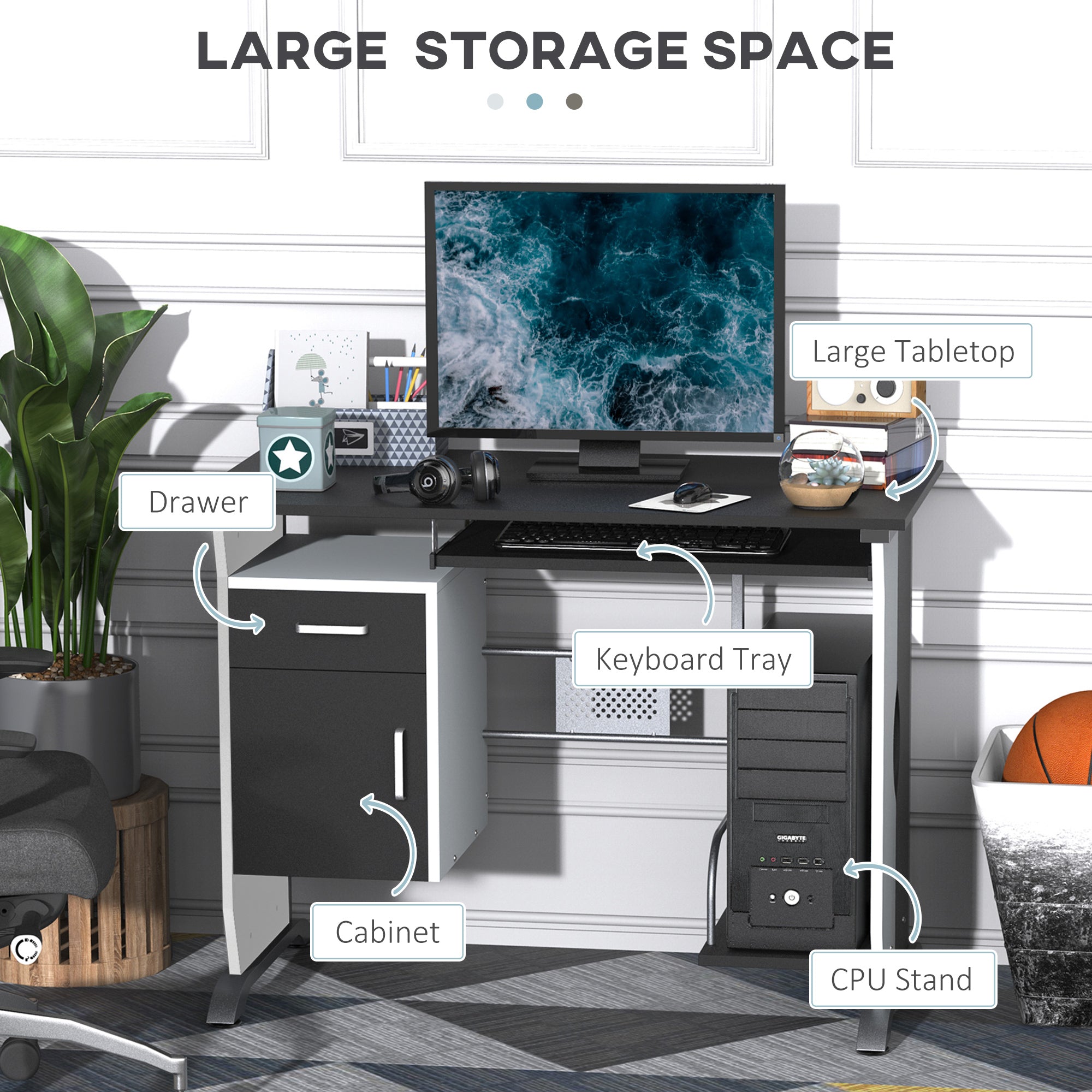 HOMCOM Computer Desk with Sliding Keyboard Tray, Storage Drawers and Host Box Shelf, Home Office Desk, Study Workstation, 100 x 52 x 75cm, Black 