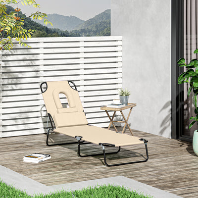 Outsunny Outdoor Foldable Sun Lounger, 4 Level Adjustable Backrest Reclining Sun Lounger Chair with Pillow and Reading Hole, Beige 