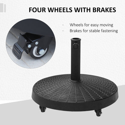 Outsunny 22.7kg Resin Patio Parasol Base Umbrella Stand Weight Deck Garden Sunshade Holder Round w/ Wheels Brakes Outdoor 